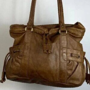brown leather large slouchy ruched retro shoulder bag